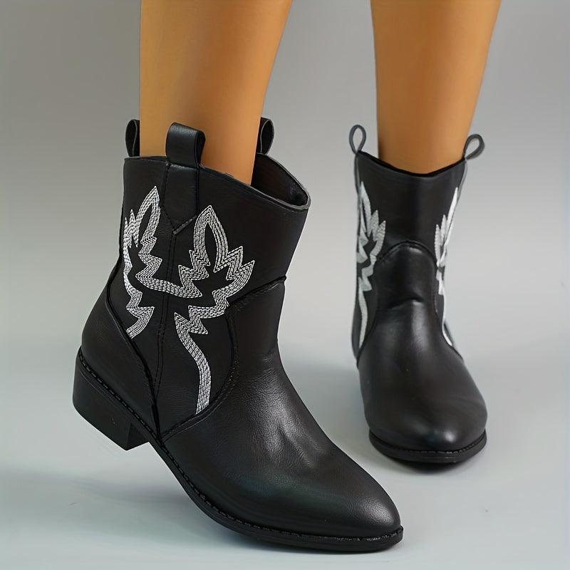 Women's Embroidered Chunky Heeled Ankle Boots