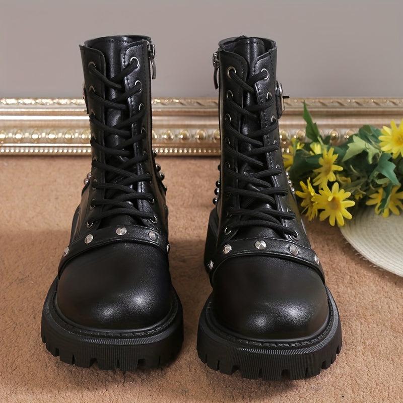 Women's Studded Platform Boots Chunky Heel Combat Shoes