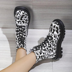 Leopard Print Combat Boots Lace Up Platform Ankle Boots