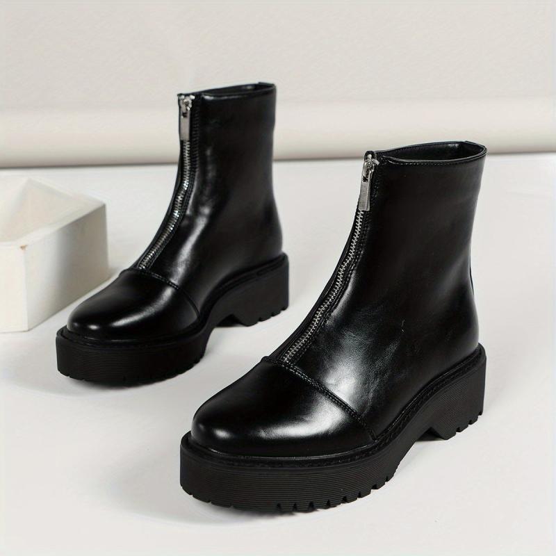 Women's Platform Ankle Boots Front Zipper Round Toe Combat Boots