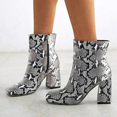 Snakeskin Print Ankle Boots Side Zip Chunky Heel