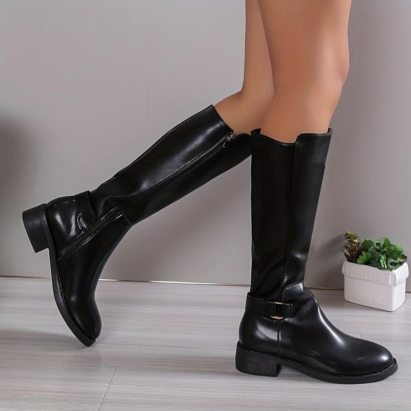 Women's Knee High Side Zipper Chunky Heeled Boots