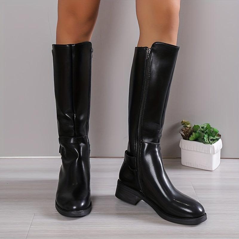 Women's Knee High Side Zipper Chunky Heeled Boots