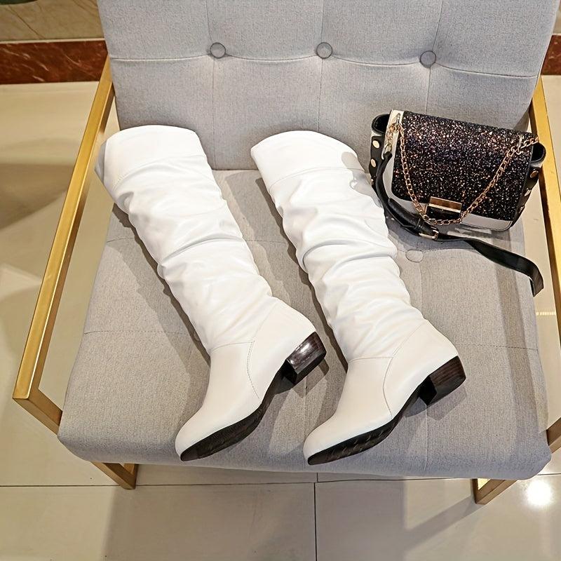 Women's Slouchy Mid Calf Boots Low Heeled Pull On Boots