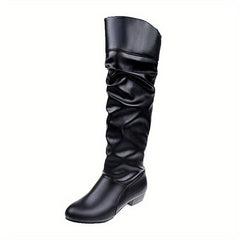 Women's Slouchy Mid Calf Boots Low Heeled Pull On Boots