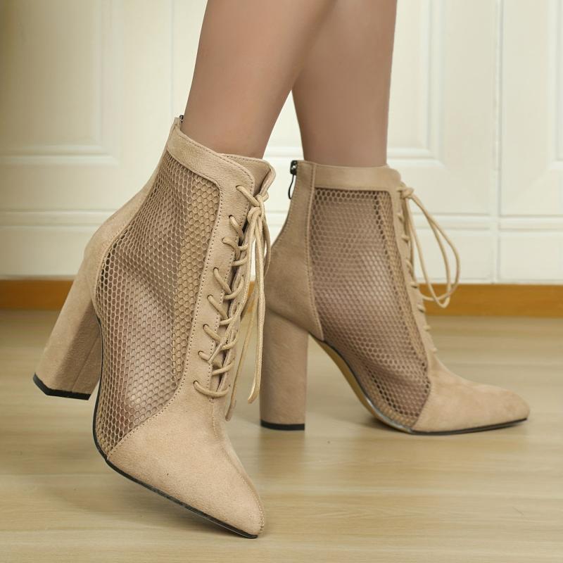 Mesh Block Heel Boots Lace Up Zipper Sandals