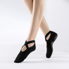 Non Slip Towel Bottom Socks Cross Lace for Yoga Pilates