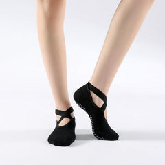 Non Slip Towel Bottom Socks Cross Lace for Yoga Pilates
