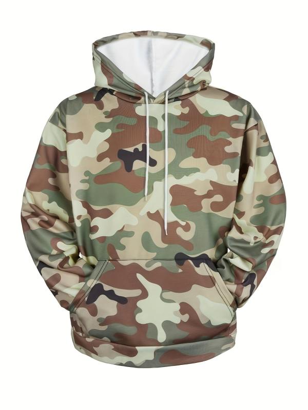 Camouflage Print Hoodie Men Graphic Sweatshirt Kangaroo Pocket Hooded Pullover