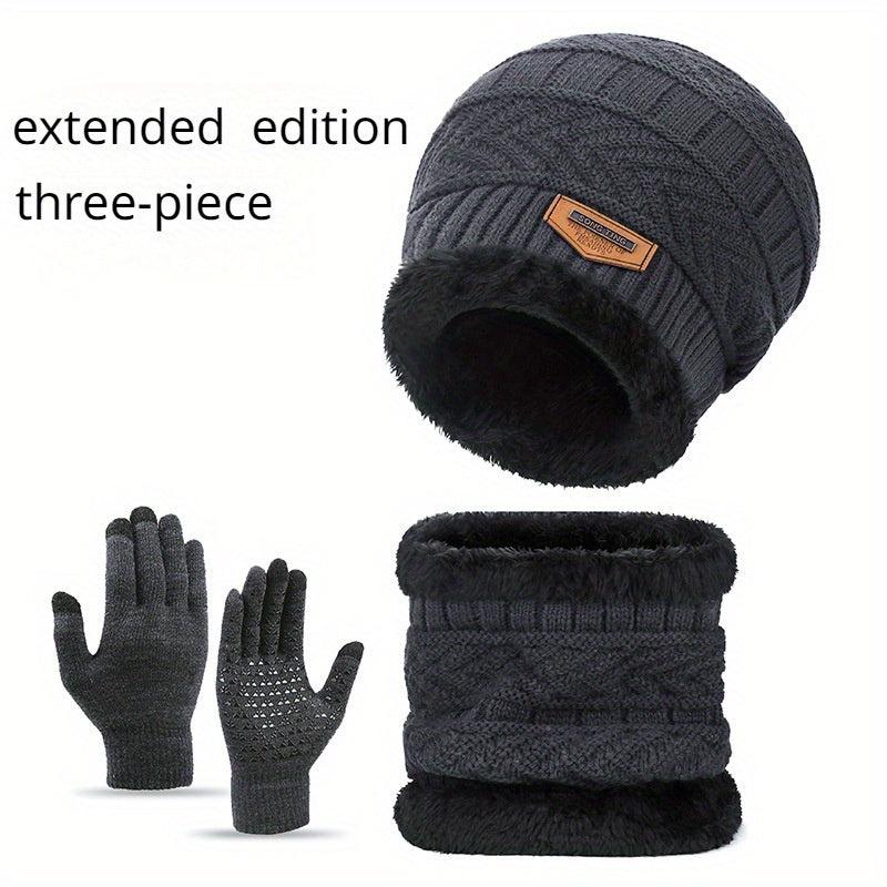 Winter Knitted Hat Scarf Gloves Set For Women Men Velvet Lining Warm Beanie