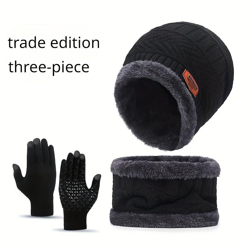 Winter Knitted Hat Scarf Gloves Set For Women Men Velvet Lining Warm Beanie