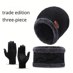 Winter Knitted Hat Scarf Gloves Set For Women Men Velvet Lining Warm Beanie