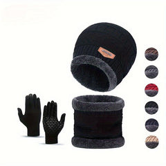 Winter Knitted Hat Scarf Gloves Set For Women Men Velvet Lining Warm Beanie