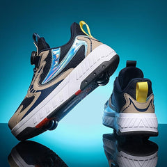 Boys Roller Shoes with Rotating Buckle Detachable Wheel Skate Sneakers