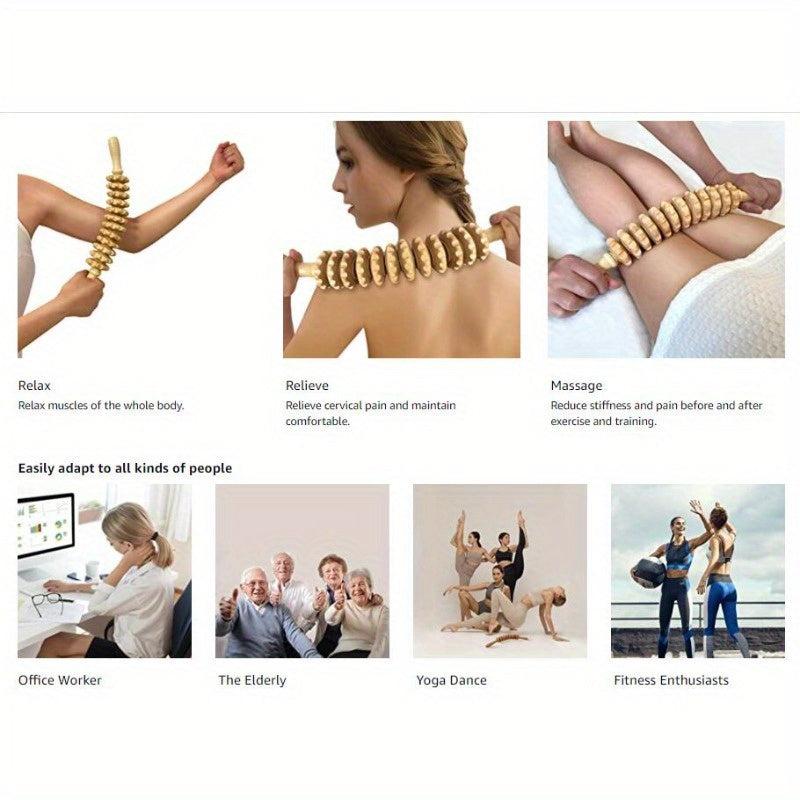 12 Wheels Body Fascia Massager Non Slip Wooden Yoga Massage Roller