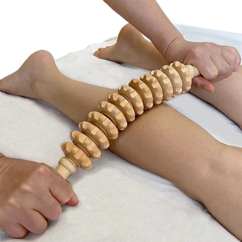 12 Wheels Body Fascia Massager Non Slip Wooden Yoga Massage Roller