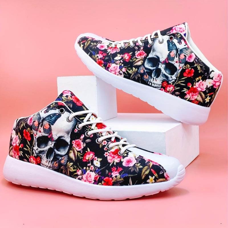Halloween Flower & Skull High Top Running Shoes Lightweight Breathable Sneakers