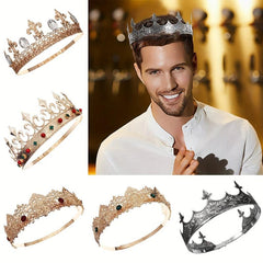Men's Metal Crown Wedding Party King Crown Headdress Rhinestone Round Crown