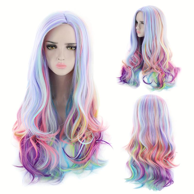 Rainbow Long Curly Wig Heat Resistant Wig For Daily Party Holiday Cosplay Props