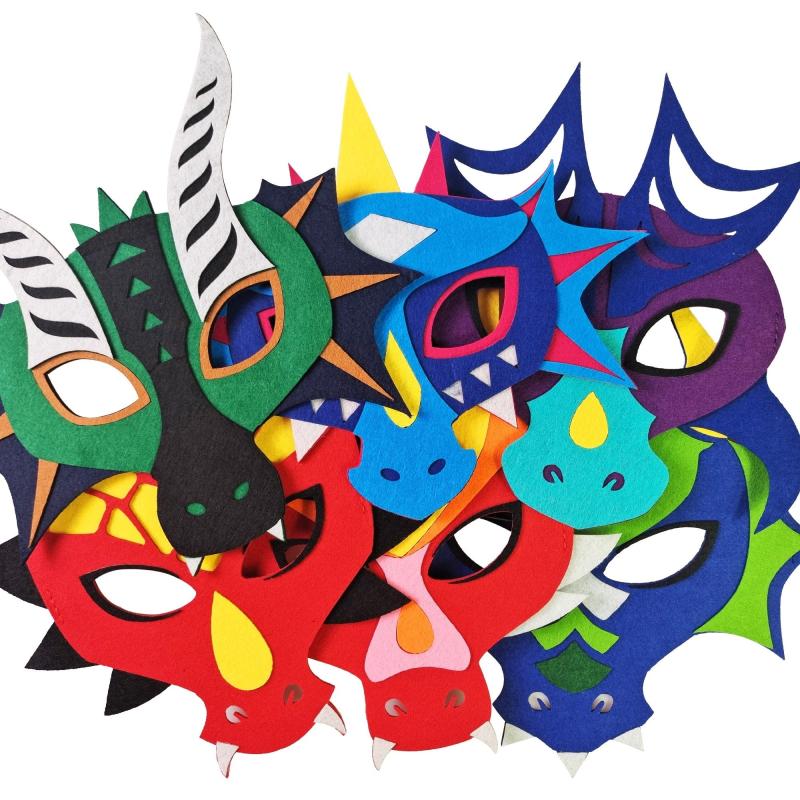 6 Pack Felt Dragon Masks For Kids - Masquerade & Dino Birthday Party