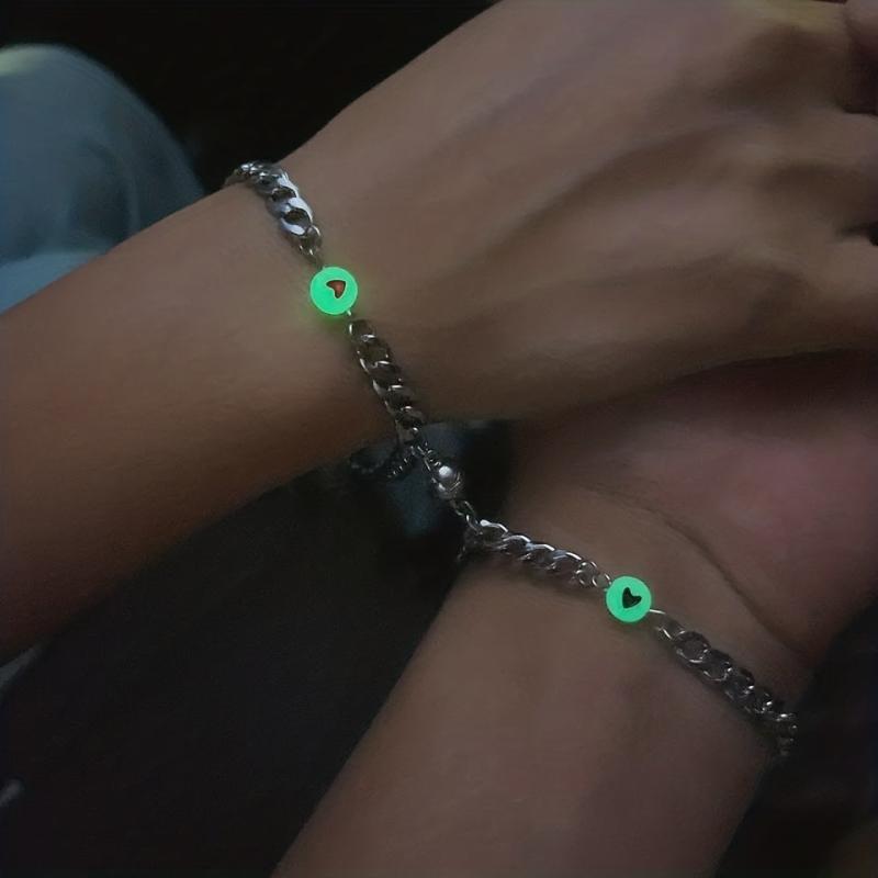 2pcs Stainless Steel Dark Luminous Fluorescent Heart Shaped Bracelet