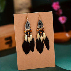 Bohemian Tassel Earrings Ethnic Style Long Metal Leaf Feather Dangle Earrings