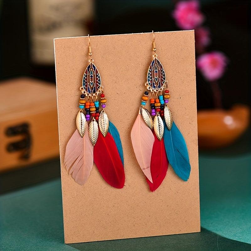 Bohemian Tassel Earrings Ethnic Style Long Metal Leaf Feather Dangle Earrings