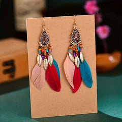 Bohemian Tassel Earrings Ethnic Style Long Metal Leaf Feather Dangle Earrings