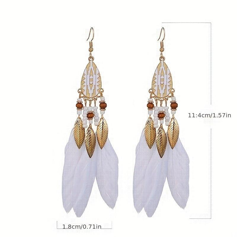 Bohemian Tassel Earrings Ethnic Style Long Metal Leaf Feather Dangle Earrings