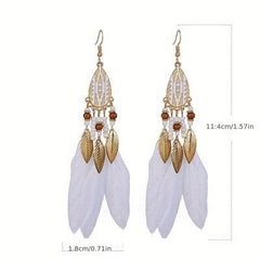 Bohemian Tassel Earrings Ethnic Style Long Metal Leaf Feather Dangle Earrings