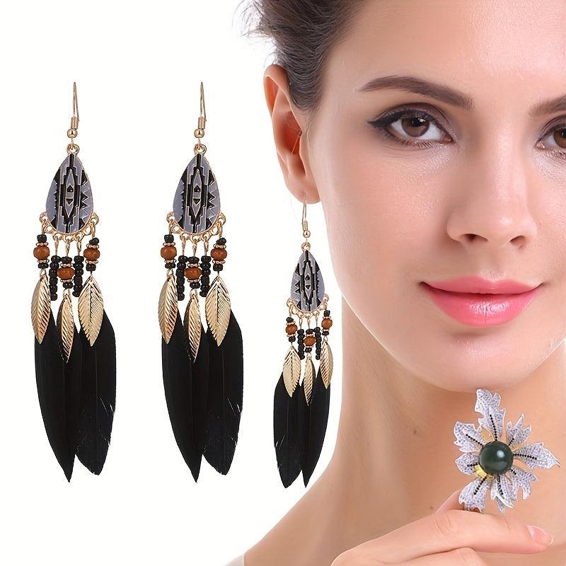 Bohemian Tassel Earrings Ethnic Style Long Metal Leaf Feather Dangle Earrings