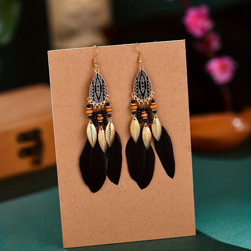 Bohemian Tassel Earrings Ethnic Style Long Metal Leaf Feather Dangle Earrings