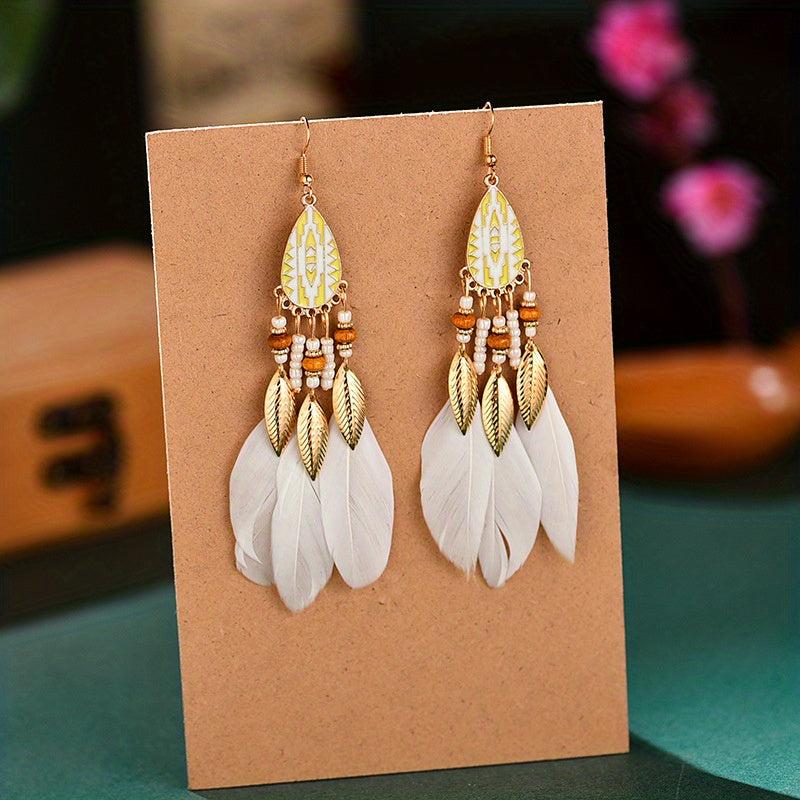 Bohemian Tassel Earrings Ethnic Style Long Metal Leaf Feather Dangle Earrings