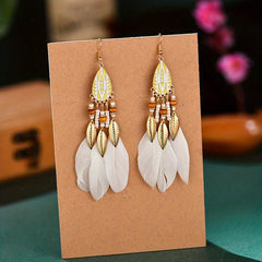 Bohemian Tassel Earrings Ethnic Style Long Metal Leaf Feather Dangle Earrings
