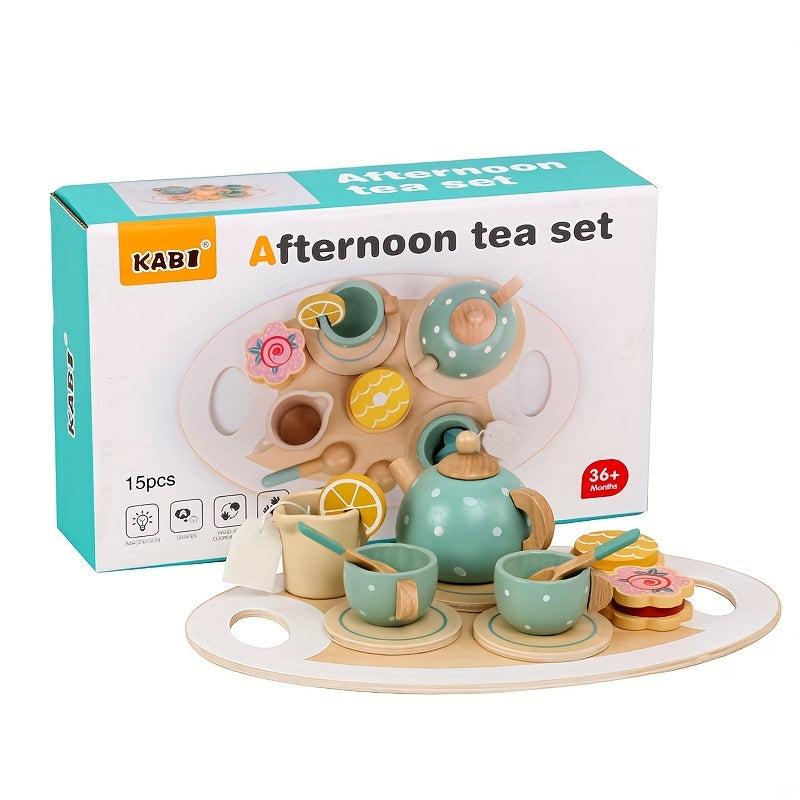 15pcs Wooden Afternoon Tea Set Toy for Kids Playhouse Kitchen Montessori