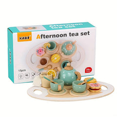 15pcs Wooden Afternoon Tea Set Toy for Kids Playhouse Kitchen Montessori
