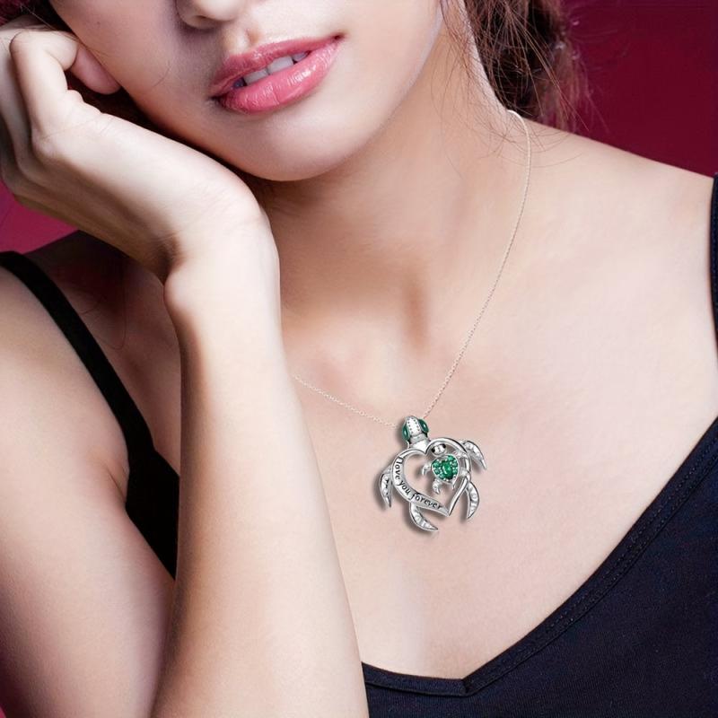 Emerald Mother And Child Sea Turtle Pendant Necklace Animal Jewelry