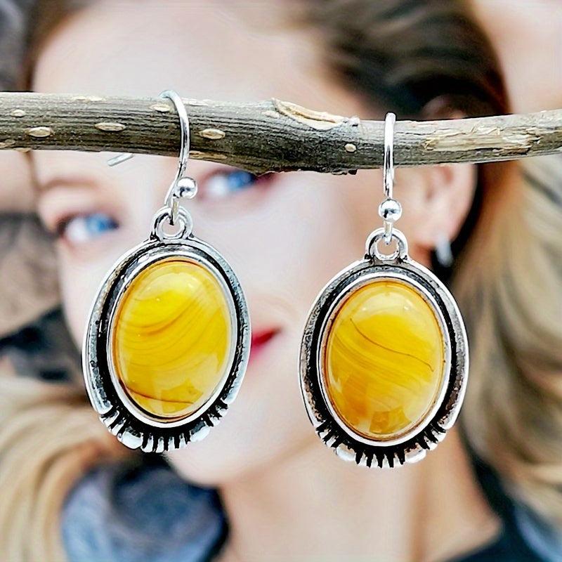 Yellow Turquoise Dangle Earrings Silvery Plated Women's Jewelry