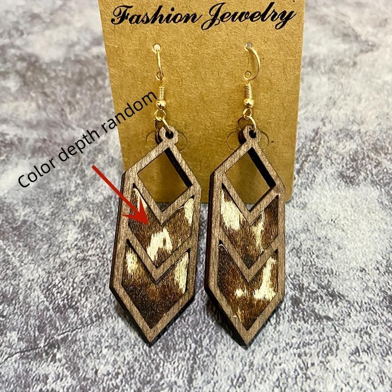 Vintage Leather Cowboy Geometric Earrings Cow Print Leopard Yellow Green