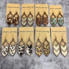 Vintage Leather Cowboy Geometric Earrings Cow Print Leopard Yellow Green