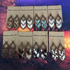 Vintage Leather Cowboy Geometric Earrings Cow Print Leopard Yellow Green