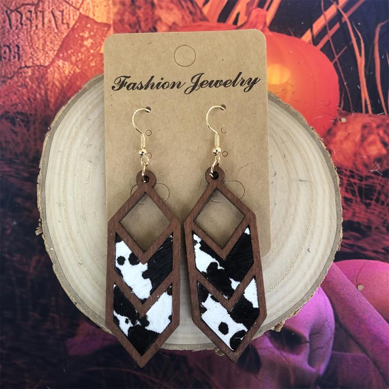 Vintage Leather Cowboy Geometric Earrings Cow Print Leopard Yellow Green