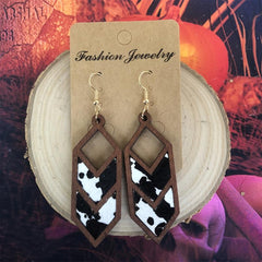 Vintage Leather Cowboy Geometric Earrings Cow Print Leopard Yellow Green