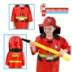 Kids Fire Chief Costume with Toy Accessories Firefighter Role Play Dress Up Set