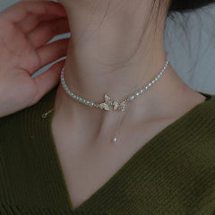 Retro Butterfly Pearl Necklace Collar Chain for Girls