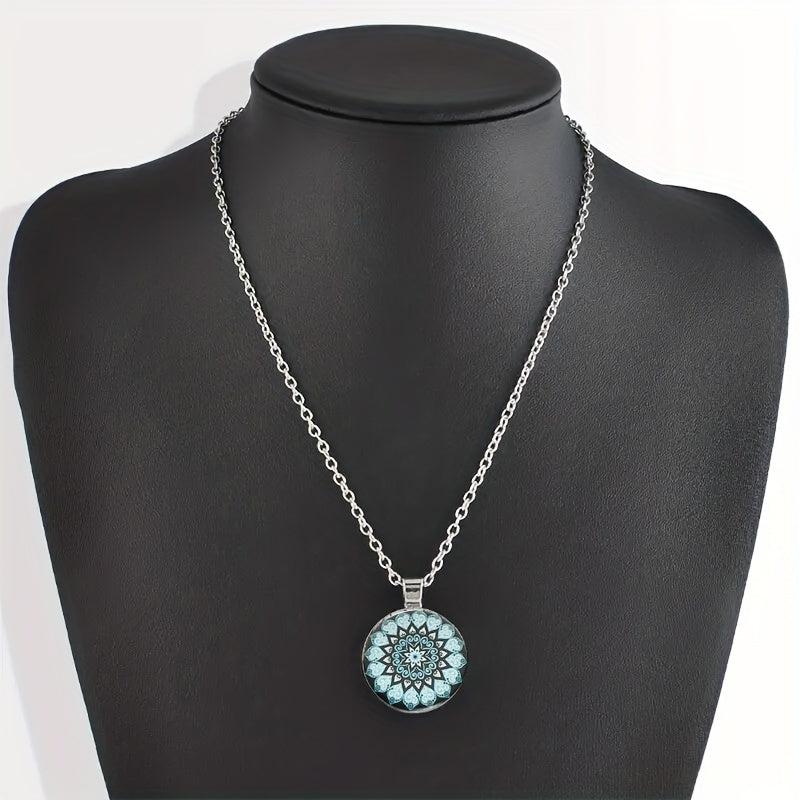 Round Flower Print Crystal Bead Pendant Necklace For Men And Women