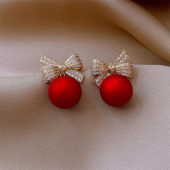 Red Ball Bow Glittering Earrings for Women Girls