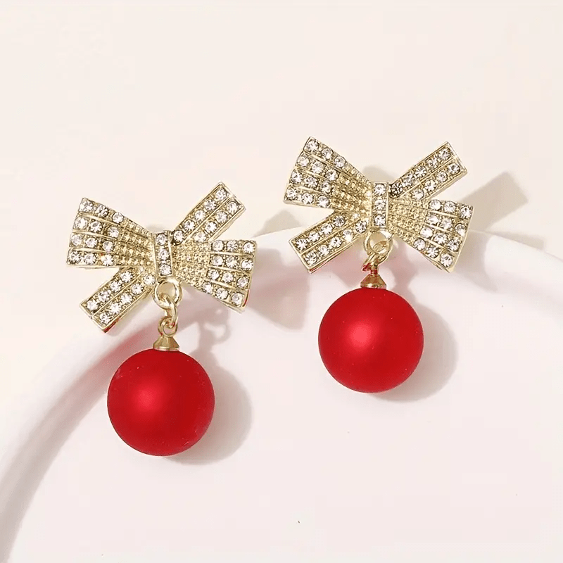 Red Ball Bow Glittering Earrings for Women Girls