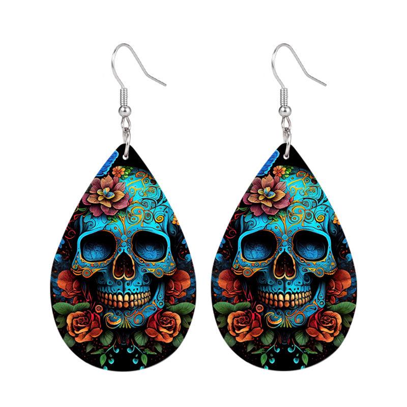 Skull Flower Print Dangle Earrings Hip Hop Goth PU Leather Jewelry