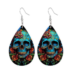 Skull Flower Print Dangle Earrings Hip Hop Goth PU Leather Jewelry